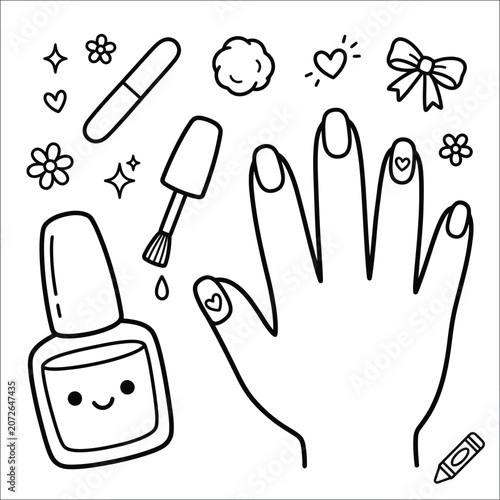 Cute manicure nail care doodle icon collection vector