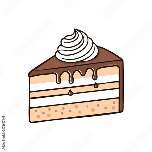 Layered Cake Slice with Whipped Cream and Chocolate Drizzle