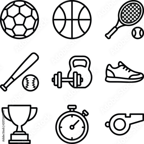 Sports equipment outline icon collection isolated vector