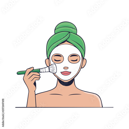 Woman applying face mask with brush, flat vector illustration