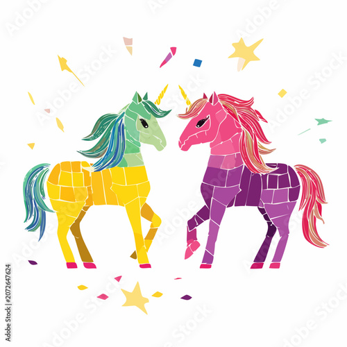 Two Colorful Unicorns with Confetti and Stars