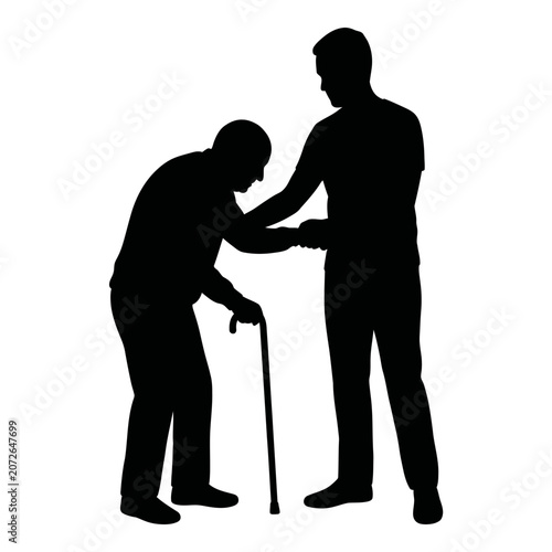 Фотография Elderly care silhouette of young man helping senior with walking stick, geriatri