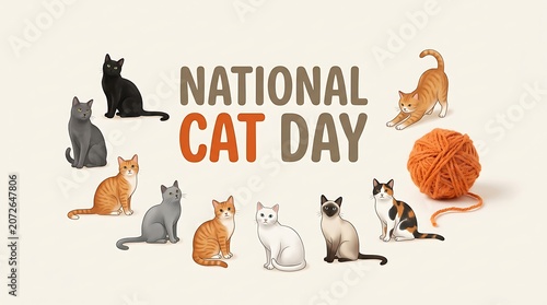 Happy national cat day celebration with various cute cats playing around yarn ball illustration