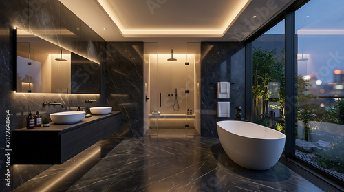 Modern luxury bathroom with freestanding bathtub and glass shower at dusk with city lights visible through large windows