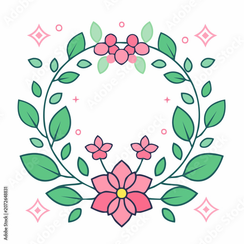 Floral Wreath with Pink Flowers and Green Leaves