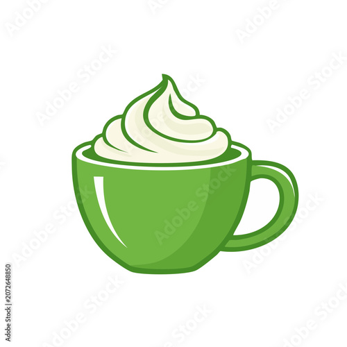 Green cup with whipped cream, flat vector illustration