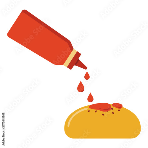 Ketchup bottle dripping sauce onto bun, flat vector illustration