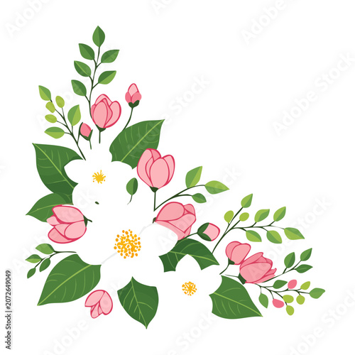 Pink Flowers and Green Leaves Vector Illustration