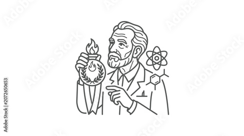Portrait of scientist holding medal with chemical structures background.