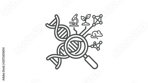 Plant science research icon with DNA and magnifying glass.