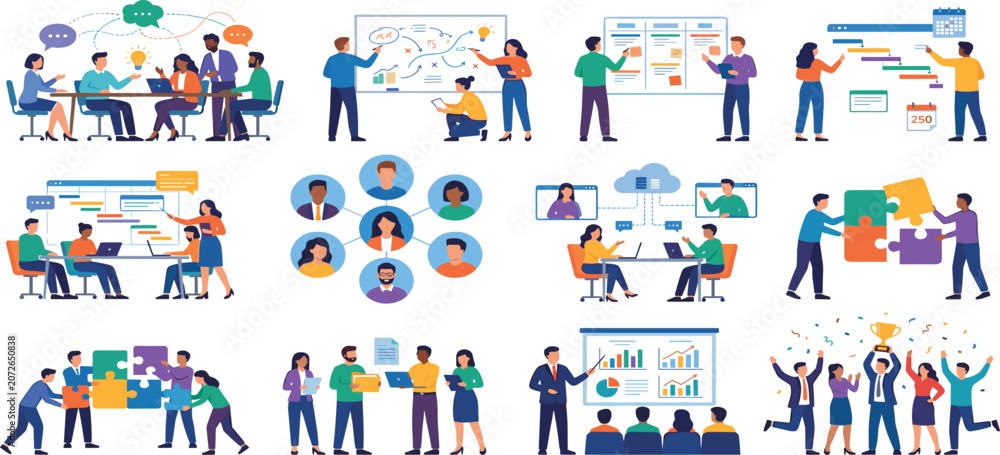 Fototapeta premium Corporate team collaboration project management agile workflow planning and business strategy concept illustration vector set