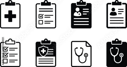 Medical history record and doctor patient report file icon set.