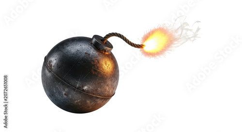 Black round cartoon bomb with burning lit fuse isolated on transparent background