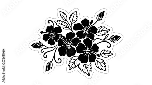 Tropical hibiscus flower bouquet sticker with white border.