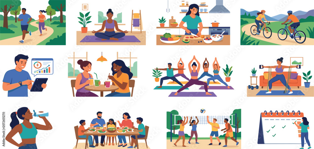 Fototapeta premium Healthy lifestyle activities and fitness illustration bundle vector with people exercising and eating