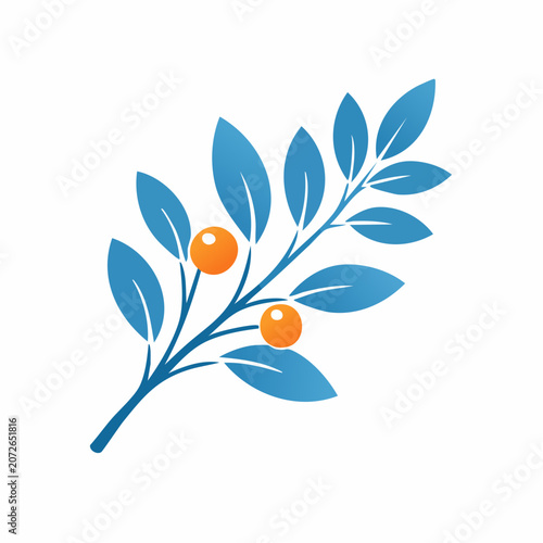 Stylized branch with blue leaves and orange berries on white