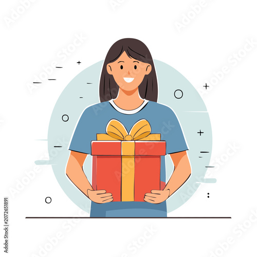 Woman holding red gift box with yellow ribbon bow
