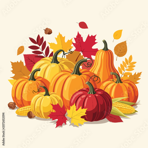 A vibrant still life of autumnal produce and foliage