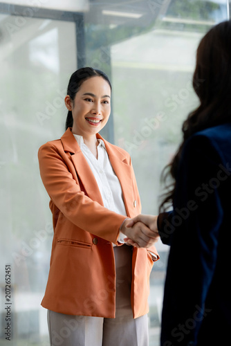 Smiling businesswoman shaking hand making business agreement