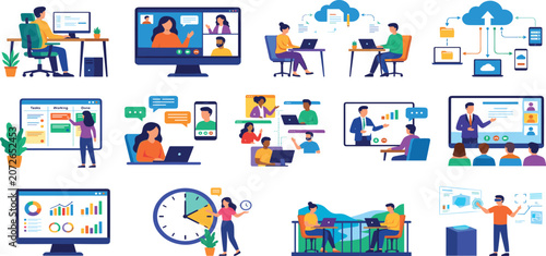 Remote work online business collaboration project management and corporate training concept illustration vector set