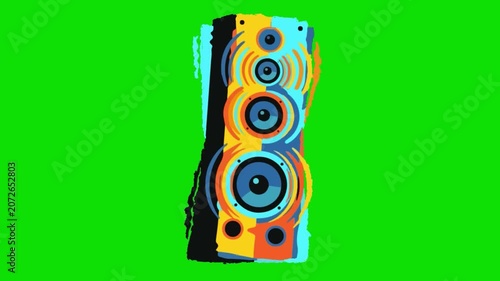 A colorful illustration of a large speaker on a green background. Exit Festival in Novi Sad.