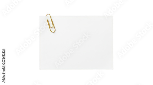 Blank white paper note with a gold paperclip isolated on transparent background