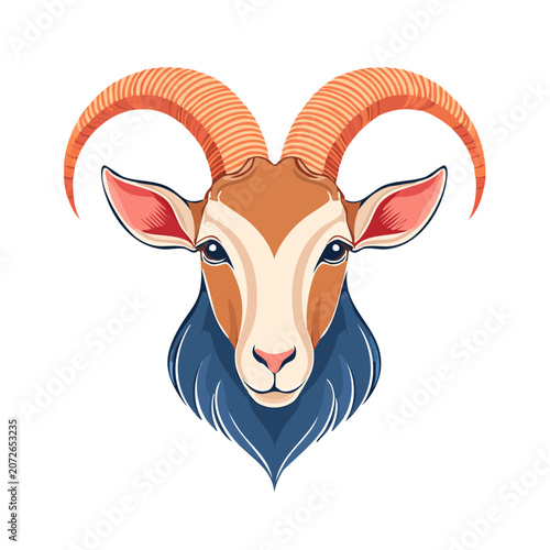 Flat illustration of a ram head with curved horns