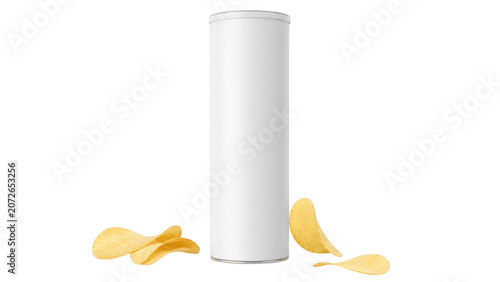 Blank white potato chip tube container with crispy snacks isolated on transparent background