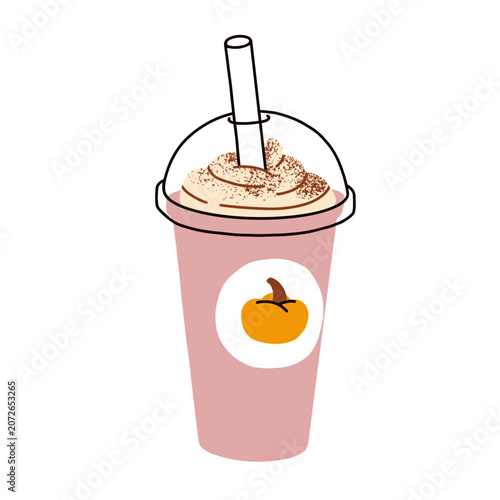 Pumpkin spice latte in takeaway cup with whipped cream and cinnamon. Autumn s...