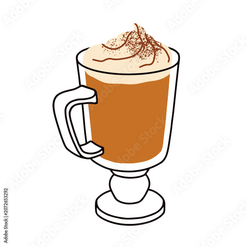 Hot coffee in Irish glass mug with whipped cream and cinnamon spice topping. ...