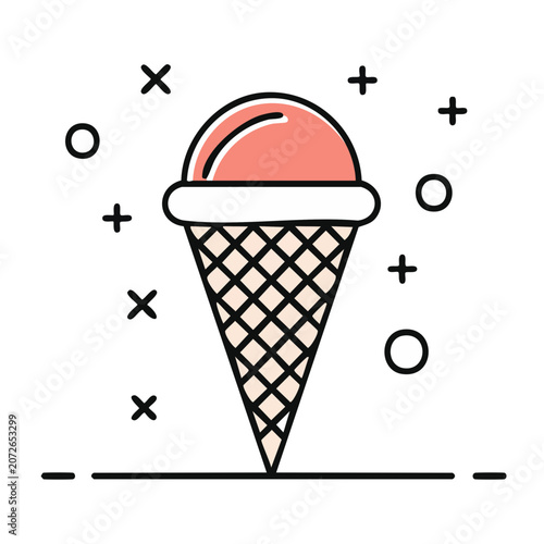 Flat vector illustration of ice cream cone with cherry