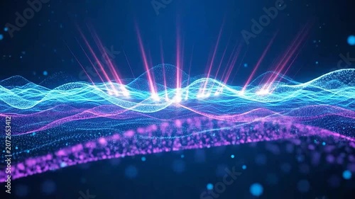 A dynamic abstract digital wave pattern glows with particles and bright light
