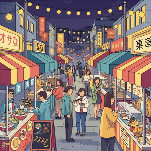 A vibrant street food market with a lively crowd