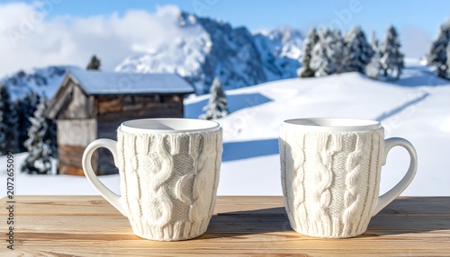 Two mugs sit on a table with a snowy mountain and cabin in background