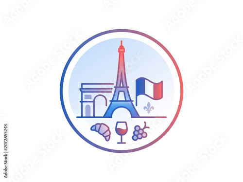 Elegant circular graphic featuring iconic parisian landmarks including the eiffel tower and arc de triomphe alongside symbols of french culture like wine and croissants rendered in a vibrant gradient 