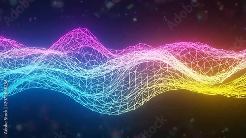 Vibrant glowing wireframe mesh forms an abstract digital landscape