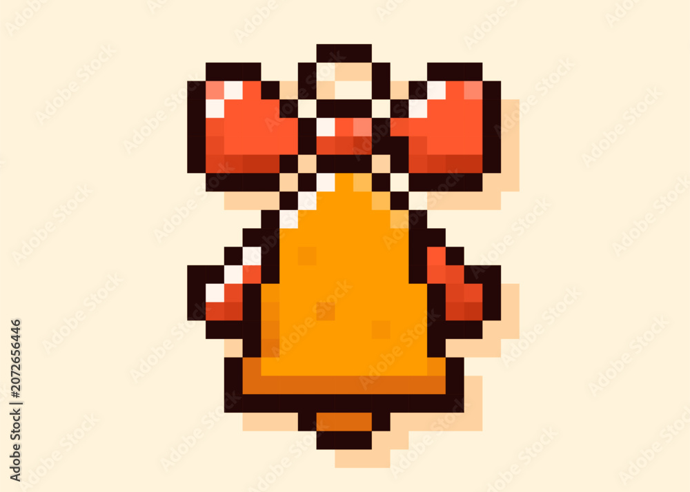 Fototapeta premium Pixel art yellow Christmas Jingle Bells with red bow.
