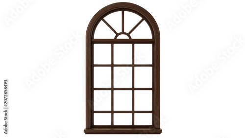 Classic brown wooden arched window frame isolated on transparent background