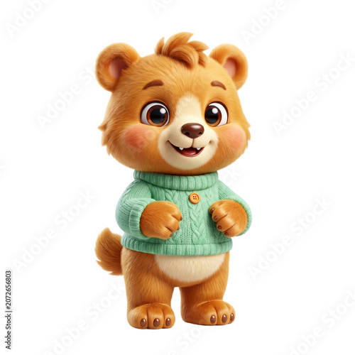 Cute little cartoon bear character wearing a green shirt standing , PNG