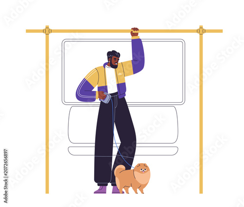 Passenger with dog standing in subway train, holding handrail. Black man, pet...