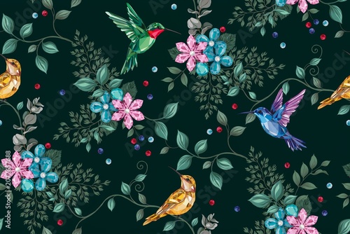 Seamless pattern with hummingbirds and sparkling gemstone flowers on a dark green background, with delicate vines, and small colorful, beads scattered