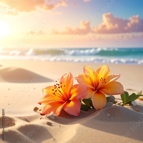 Two orange flowers on a sandy beach by ocean waves, sunrise