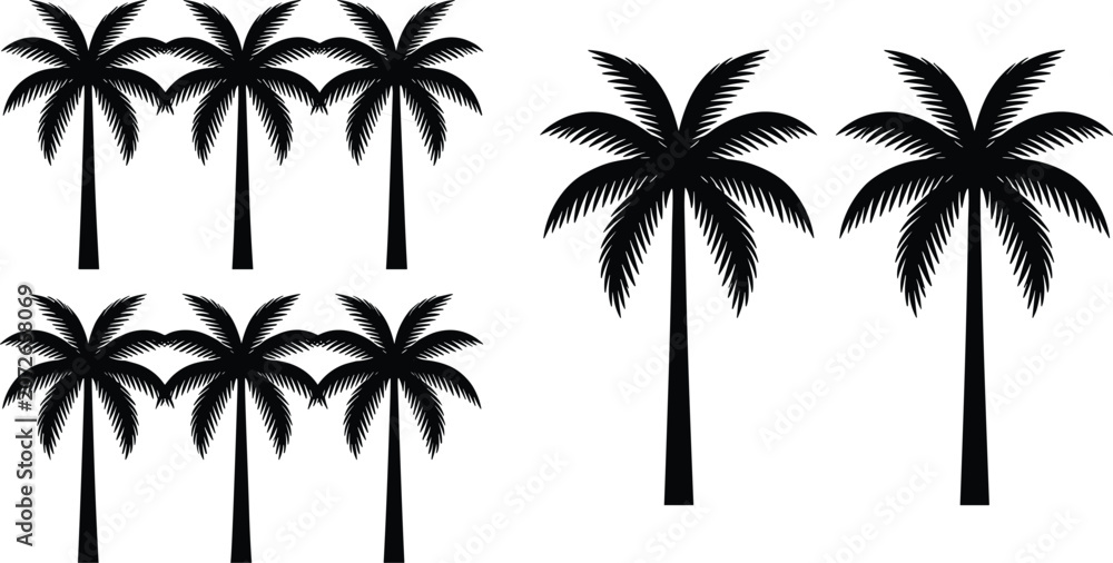 Fototapeta premium Silhouette collection of palm trees in different arrangements including clustered group and tall pair for tropical design use