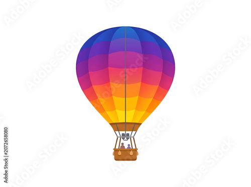 Vibrant hot air balloon featuring a colorful gradient design with a small wicker basket carrying two passengers isolated against a clean white background for various creative travel and leisure projec