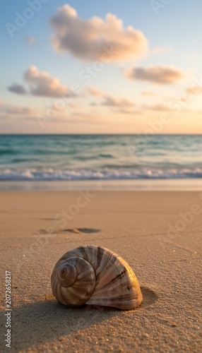 Seashell on sandy beach at sunset with ocean waves and clouds