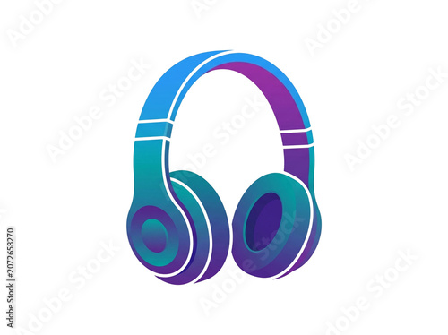 Modern wired headphones featuring a vibrant purple and blue gradient design isolated on a clean white background displaying a sleek minimalist aesthetic perfect for music industry projects and digital