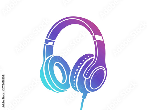 Modern wired headphones featuring a vibrant purple and blue gradient design isolated on a clean white background displaying a sleek minimalist aesthetic perfect for music industry projects and digital