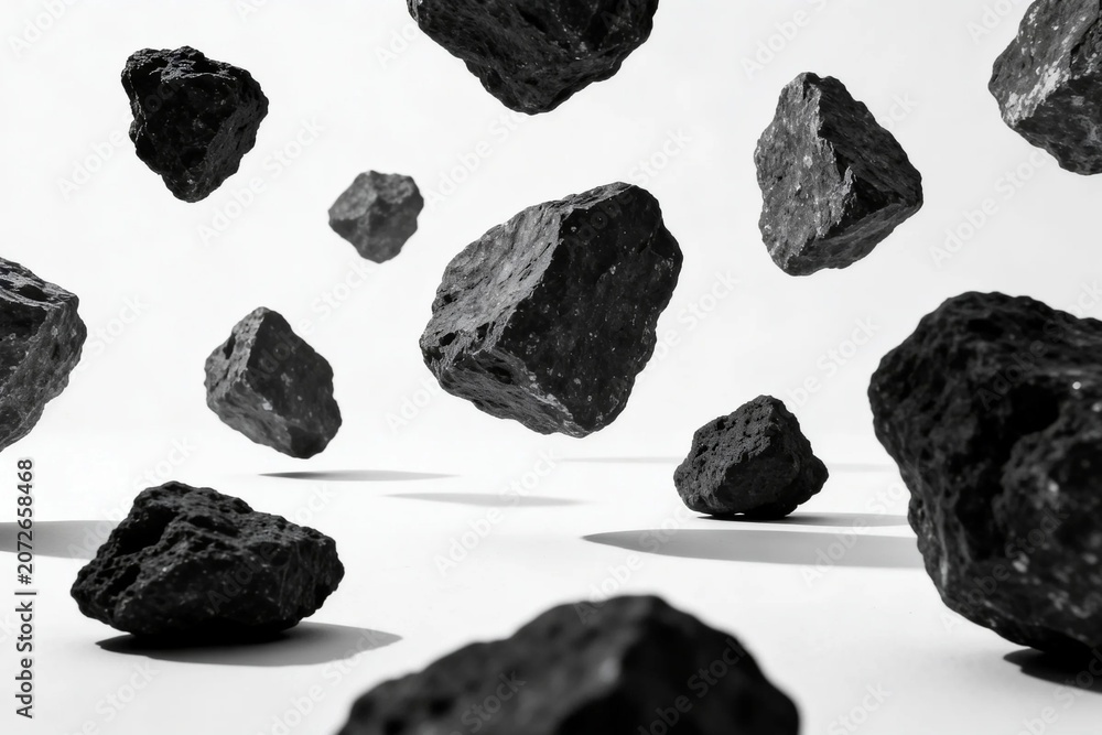 Naklejka premium Floating Black Rocks Against White Background