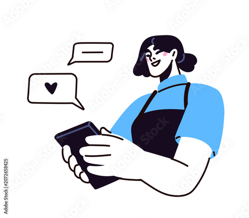 Woman with smartphone, reading messages and comments, like reactions on socia...