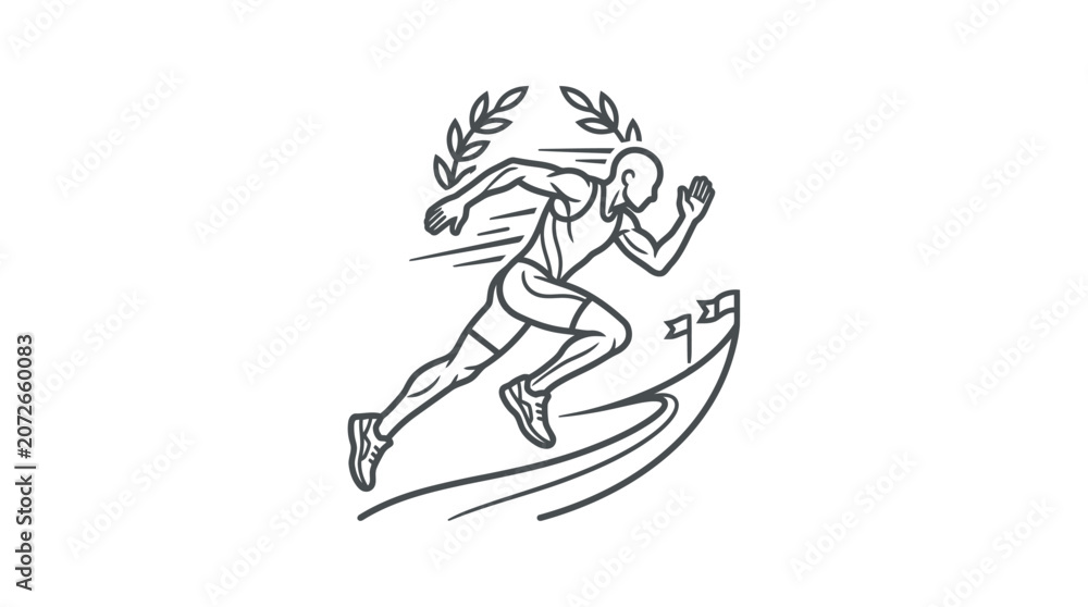 Fototapeta premium Male athlete sprinting across finish line with laurel wreath.